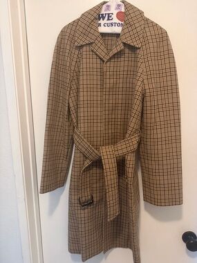 Plaid Belted Trench Coat in Tan and Black